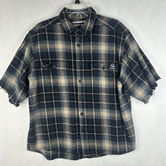 Wolverine Shirt Mens XL Heavyweight Blue Plaid Cut Short‎ Sleeve Raw Button Up - Picture 1 of 14